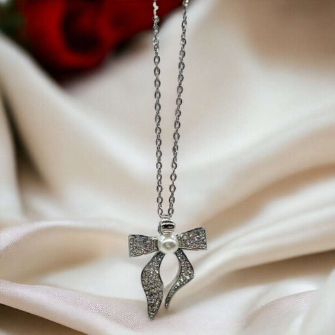 Silver Bow With Clear Rhinestone Necklace - D46 - 1